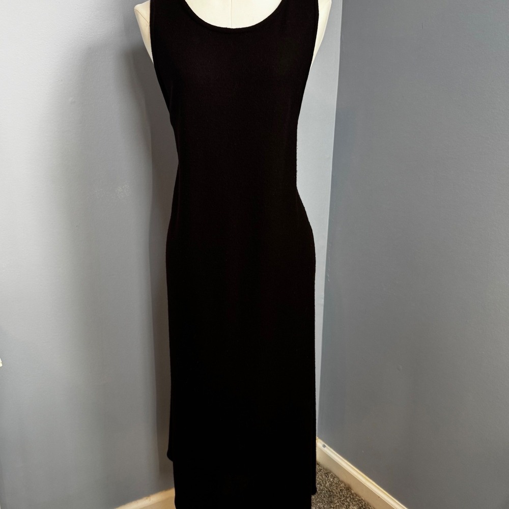 Eileen Fisher 100% Wool Knit Sleeveless Midi Dress Black Chic Quiet Luxury